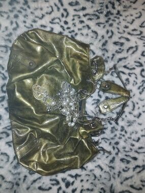 (Beyonce) Dereon Metallic Olive Green Shoulder Bag with Silver Hardware